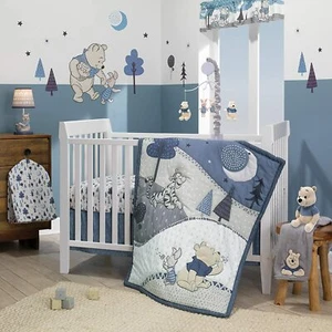 Lambs & Ivy Forever Pooh 3 Pc Baby Cot Bedding Set Blue Quilt Winnie Bear - Picture 1 of 7