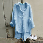 Lady Cotton Linen T-shirt Loose V-neck Tops Long Sleeve Blouse Button Solid Soft