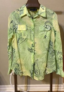 Jones New York Signature Damen Bluse Gr. Large grün gelb Knopfleiste Oberteil - Bild 1 von 8