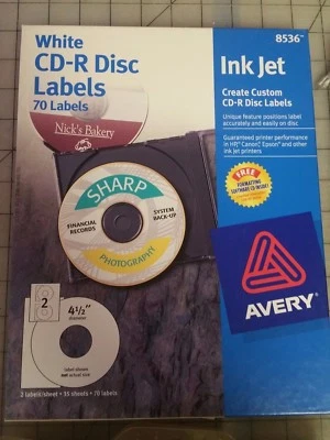 Avery 8536 CD-R Disc Labels White 50+ Sheets 100+ Labels   4 1/2" Inkjet Opened - Image 1 of 2