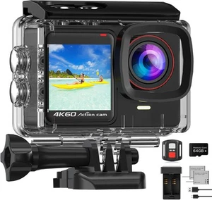 Caméra Sport 4K 60FPS avec MicroSD 64Go,8X Zoom 131ft Caméras Étanche Double... - Imagen 1 de 7