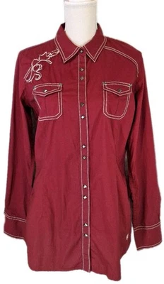 Новый с Ярлыками ARIAT SzL резинке кнопка спереди вышитая блузка Western верхний вино красный - Изображение 1 из 4