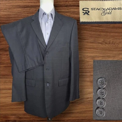 Stacy Adams 2 Piece Suit Mens 44L 38X32 Dark Gray Windowpane 3 Button DV - Image 1 of 4