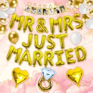 Just Married Decorations Wedding Banner Gold - Picture 1 of 7