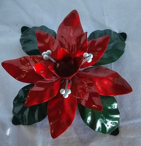Vtg DEPT 56 3.25" H x 7" Poinsettia Candle Holder Enameled Red & Green Leaves - Picture 1 of 5
