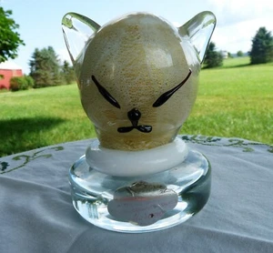MURANO Italy ALFREDO BARBINI Gold Flecks ITALIAN ART GLASS Cat Head PAPERWEIGHT - Picture 1 of 12