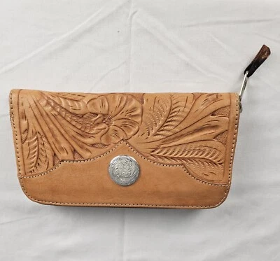 Cartera de Cuero Cuero Repujado YKK Cremallera Marrón Bonita Plateada Foto 1 de 4