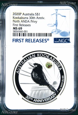 2020 30th Ann. Kookaburra 1oz Silver Coin Kangaroo Paw Privy NGC MS69 ANDA BL FR - Image 1 of 4