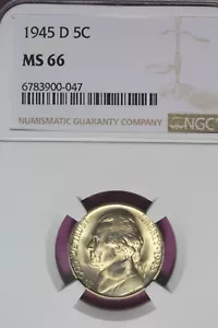 1945 D- NGC 5C MS66 JEFFERSON NICKEL #B44866 - Picture 1 of 2