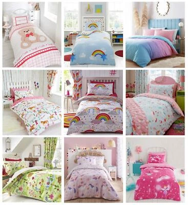 Girls Duvet Sets Childrens Bedding Pink Fairy Unicorns Rainbows New Quilt Covers - Image 1 of 4