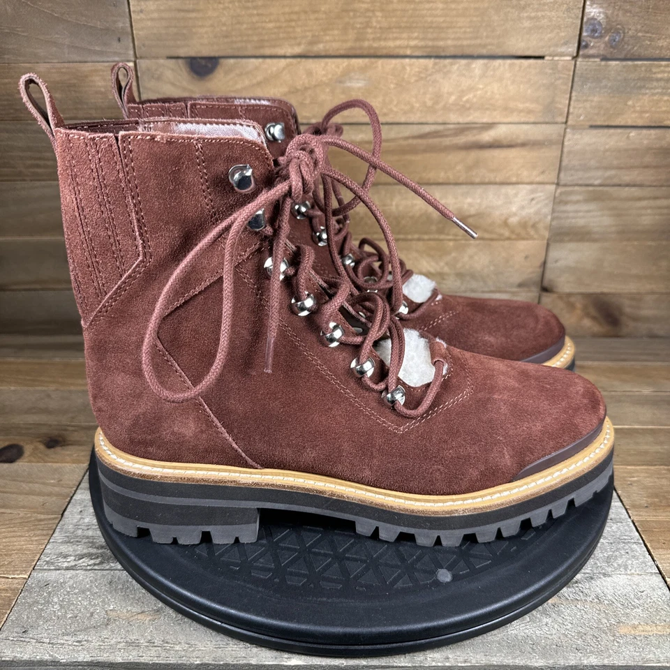 Botín Marc Fisher LTD Lizzie para mujer 7 rojo gamuza cuero con cordones ribete de piel Foto 1 de 4