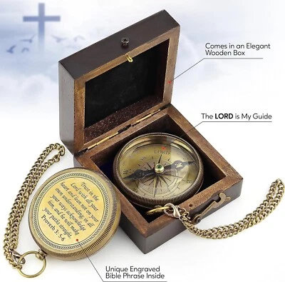 Brass Compass Gift with Display Box - Engraved Scripture Prayer Aged Brass - Image 1 of 4