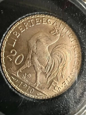 1910 СТАРИННАЯ ЗОЛОТАЯ МОНЕТА 20 франков петух французский монетный двор слиток 6.451 G FCS - Изображение 1 из 4