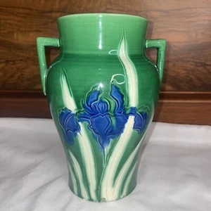 Vintage Awaji Iris Pottery ART Nouveau Style Vase Green Blue Japanese 7 1/2 In - Picture 1 of 13