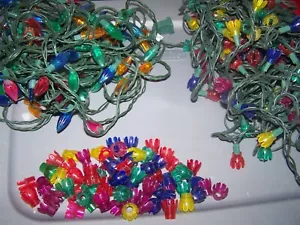 Vintage Weihnachtsschnur Lichter Tulpe & Glühbirne Reflektoren mehrfarbig 2 Stränge + - Bild 1 von 4