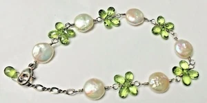 Green Peridot Pearl Bracelet Sterling ESTATE - Picture 1 of 8