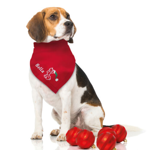 Besticktes Weihnachts Hundehalstuch Weihnachtshund + Name des Hundes rot  