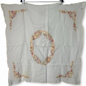 Mantel cuadrado vintage bordado a mano floral 35"x35" blanco naranja amarillo - Imagen 1 de 8