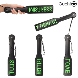 Spanking Paddel Kunstleder schwarz mit fluoreszierendem Schriftzug Ouch! BDSM - Bild 1 von 34