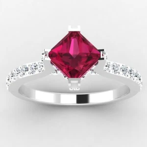 Anillo de compromiso de diamantes y rubíes naturales talla princesa de 0,76 quilates de oro blanco de 14 quilates - Imagen 1 de 4