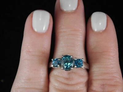 Personalizado 1,85 ct. Anel oval de prata esterlina de três pedras de zircão azul - Imagem 1 de 4