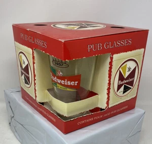 Neu versiegelt Budweiser Bier Retro Glas Kollektion ~ 4er Set 16 Oz Pub Gläser. - Bild 1 von 7