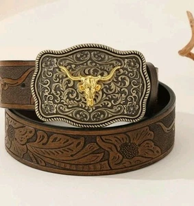 Cinturón de cuero sintético Cinturón occidental Cinturón de vaquero Longhorn Bull Cinturón Hebilla Cinturón 125 cm - Imagen 1 de 10