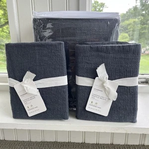Pottery Barn EUROPÄISCHE FLACHS LEINEN WAFFEL Full Queen Duvet & Std Shams Stahlblau - Bild 1 von 5