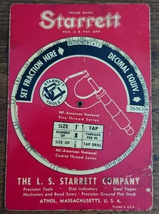 Vtg STARRETT 1952 Decimal Equivalents And Tap Drill Sizes Pocket Slide Chart - Picture 1 of 3