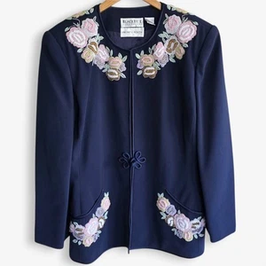 Vintage Oleg Cassini x Vincent Rebicek Hand Beaded Floral Blazer Navy Blue Med M - Picture 1 of 12