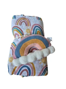 New Tags Boutique Mud Pie Girl Boy Rainbow Muslin Blanket Rattle Set - Picture 1 of 4