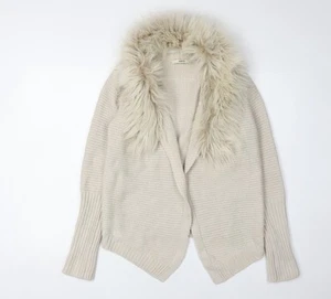 Oasis Beige Women's Open Front Cardigan, S, Faux Fur Trim, Knit - Picture 1 of 12
