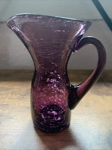 AMETHYST Crackle Glass Pitcher Small 4.5” Inches Tall Hand Blown Vintage Purple - Picture 1 of 16