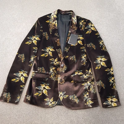 ASOS Mens Jacket 36R Brown Floral Velvet Tuxedo Smoking Blazer Lapel Dinner - Image 1 of 4