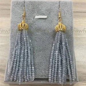 Multicolor 3x4mm Faceted Crystal Beaded Tassel Crown Dangle Hook Earrings - Picture 1 of 14