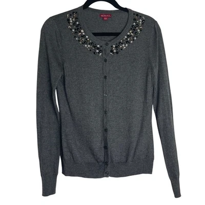 Merona Women's Long Sleeve Embellished Cardigan Sweater Gray Medium Beaded - Image 1 of 4
