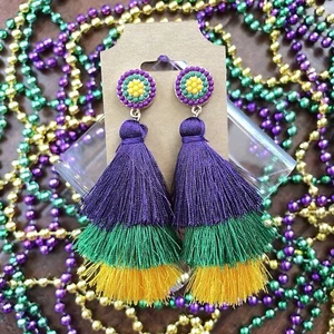 Karneval Ohrringe Rocailles Quaste lila grün gold New Orleans Karneval NEU - Bild 1 von 7