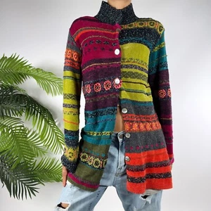 Vintage 90s Colorful Patchwork Boho Hippie Cottagecore Knit Crochet Cardigan / M - Picture 1 of 9