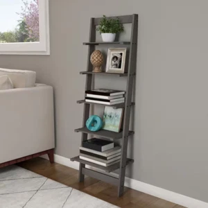 50 In. Gray Wooden 5-Shelf Leaning Ladder Bookcase with 5-Tiers - Picture 1 of 8