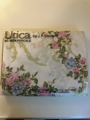 Vintage Utica Stevens Full Flat Sheet  White with Pink & Blue Floral New - Image 1 of 3