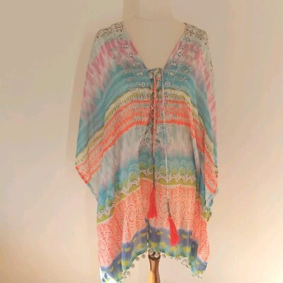 Ruby Yaya Kaftan Dress Size S/M Resort Boho Beach Cover Up Pom Pom Hem - image 1 of 4
