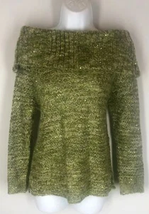 NEW Chicos Boatneck Sweater Green Sequin Dorothy Pullover Petite 0P 0 S NWT $99 - Picture 1 of 4