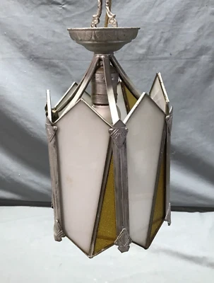 Lámpara de techo vintage Art Deco con plomo ámbar y blanco vitral antigua 10-25B Foto 1 de 4
