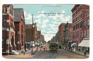 Water Street South from North Street Decatur Street Car Illinois Postcard IL - Picture 1 of 2