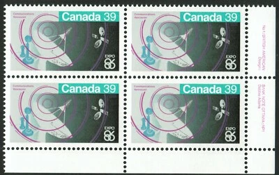 Canada sc#1079 Expo 86: Communications, LR BABN Plate Block N°1, Mint-NH - Image 1 of 2
