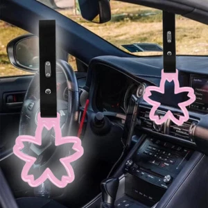 Pink Sakura Flower JDM Ring Tsurikawa Subway Bus Car Handle Strap -Black PVC X2 - Picture 1 of 7