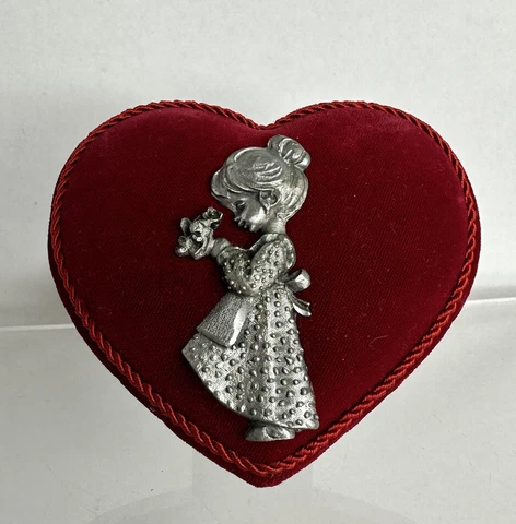Vintage Velvet Pewter Red Heart Wall Plaque w Stand ITALY Girl Flowers Farmhouse Cover