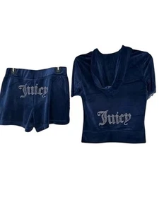 Juicy Couture Atlantis Blue Bling Trainingsanzug Velour Hoodie & Shorts Set - Gr. XL - Bild 1 von 3
