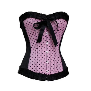 Gothic Lolita viktorianisch schwer Stahl entbeint rosa schwarz gepunktet Schleife Korsett 2XL - Bild 1 von 5