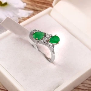 Genuine Pear Green Emerald Sterling Silver Ring Double Gemstone Wedding Jewelry - Picture 1 of 9